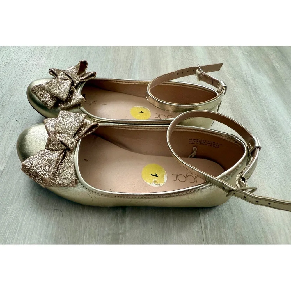 Sugar Kids Gold‎ Glitter Bow Ankle Strap Ballet Flats Shoes Size 1